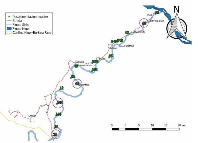 Tratto di fiume Sirba interessato dal rilievo e posizione delle 18 stazioni base (in verde)