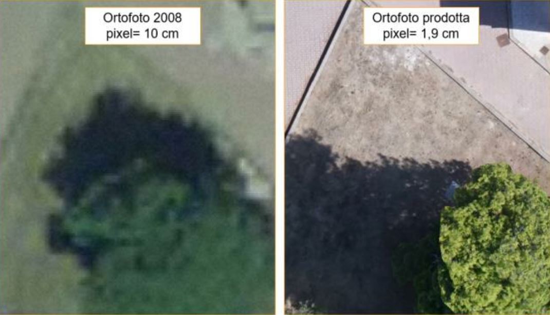 Località Tramariglio (Alghero). Ortofoto generata da volo UAV (a destra) e ortofoto disponibile per il Territorio della Regione Sardegna, datata 2008 (sinistra)