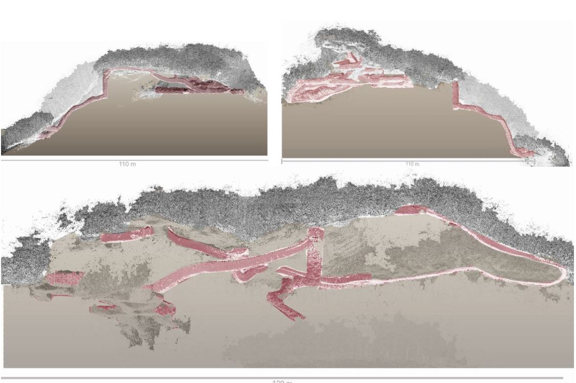 Views of some WWI underground passages in Monte Celva integrated into the 3D terrain model of the area.