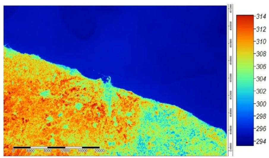 Esempio di LST ottenuta tramite l'algoritmo RTE applicato ad un'immagine diurna Landsat-8 del 24 settembre 2013.