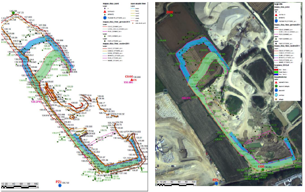 Variazione del piano di coltivazione di cava (sinistra) e sua sovrapposizione con ortofoto (a destra).